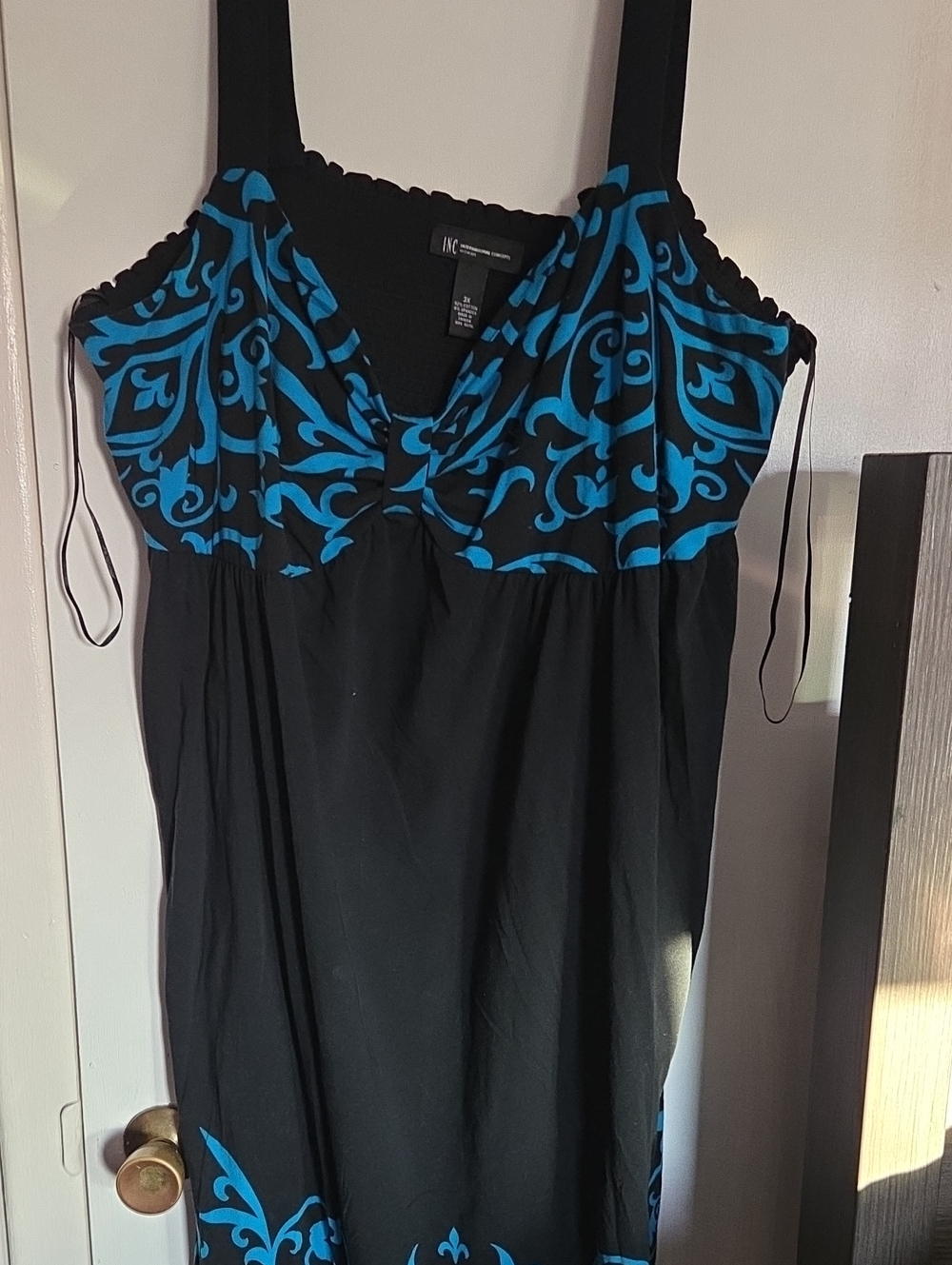 INC International Concepts Black Dress with Blue Scroll Accents